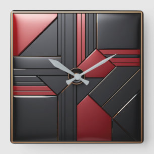 Geometric Art Deco Red Black Elegant Square Wall Clock