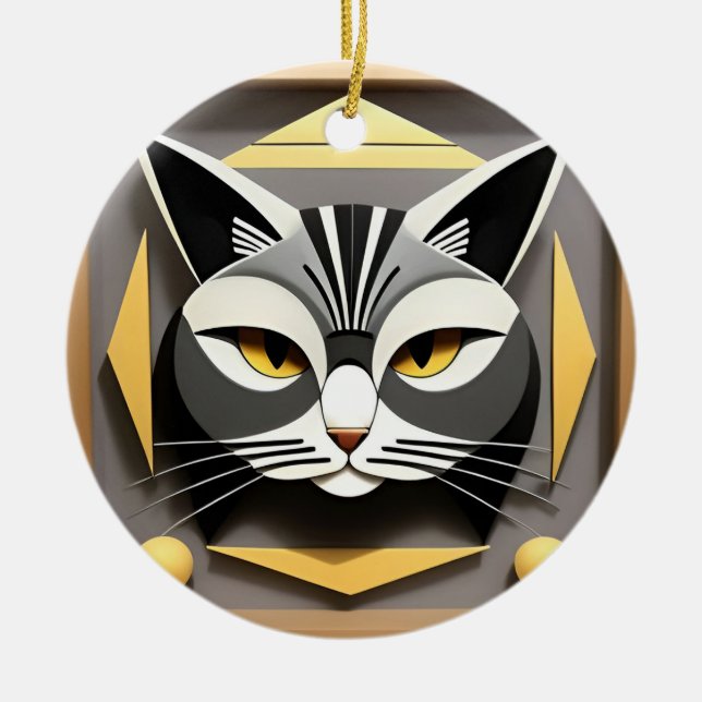 Geometric Art of a Stylised Cat Abstract Design Ceramic Ornament (Front)
