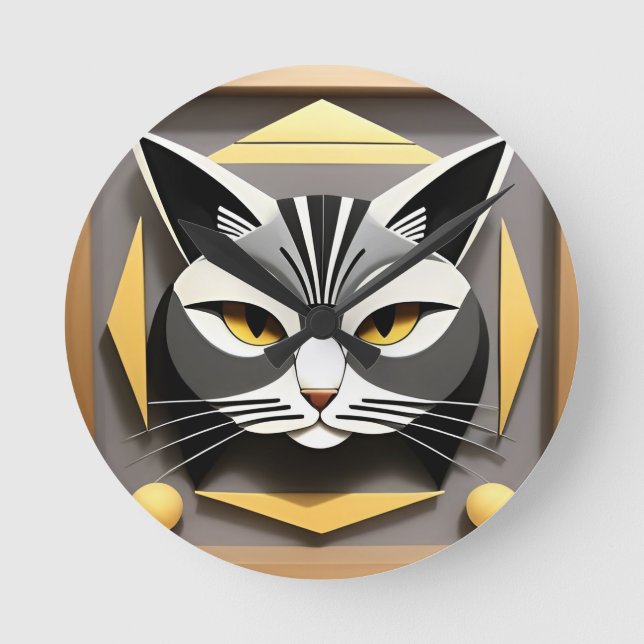 Geometric Art of a Stylised Cat Abstract Design Round Clock (Front)