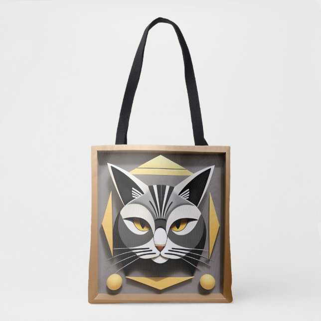 Geometric Art of a Stylised Cat Abstract Design Tote Bag (Front)