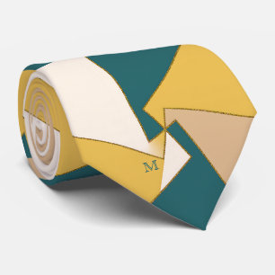 Geometric Artistic Modern Teal Gold Ivory Monogram Tie