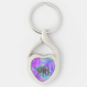 Geometric Aztec Wood Elephant on Watercolor Key Ring
