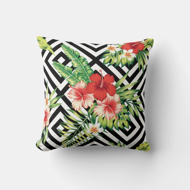 Geometric Background & Colourful Tropical Flowers Cushion (Front)