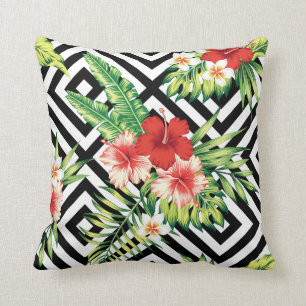 Geometric Background & Colourful Tropical Flowers Cushion