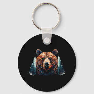Geometric Bear Head With Mountain Tree Landscape B Key Ring