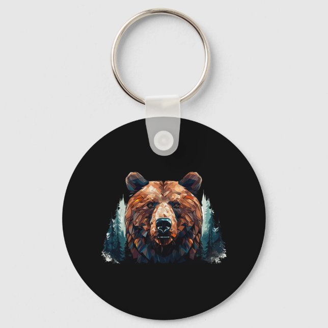 Geometric Bear Head With Mountain Tree Landscape B Key Ring (Front)