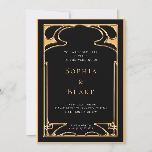 Geometric Black and Gold Art Deco Wedding Invitation (Front)