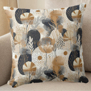 Geometric Black and Gold Floral Leaves Cushion