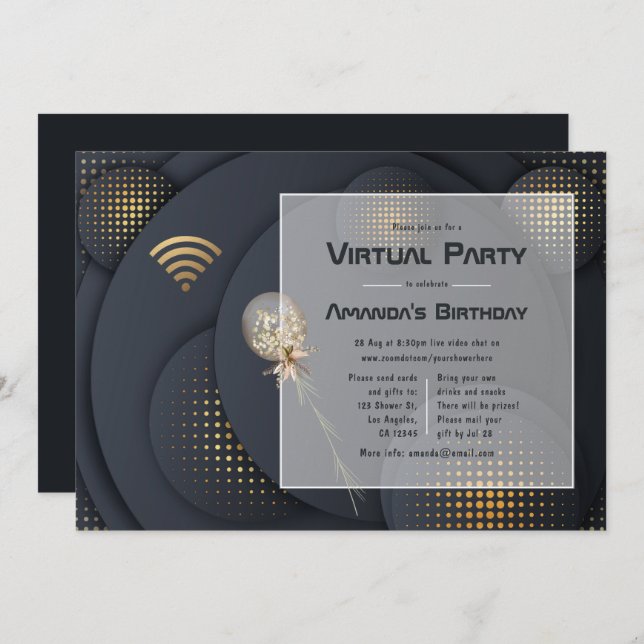 Geometric Black and Gold Virtual Birthday Party Invitation (Front/Back)