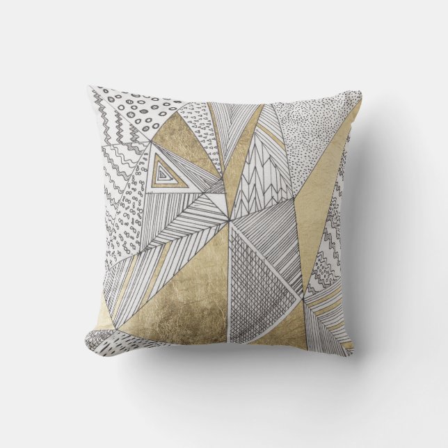 Geometric black and white chic faux gold patterns outdoor cushion (Front)