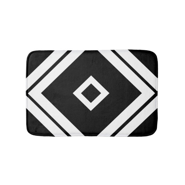 Geometric Black and White Diagonal Square Pattern Bath Mat (Front)