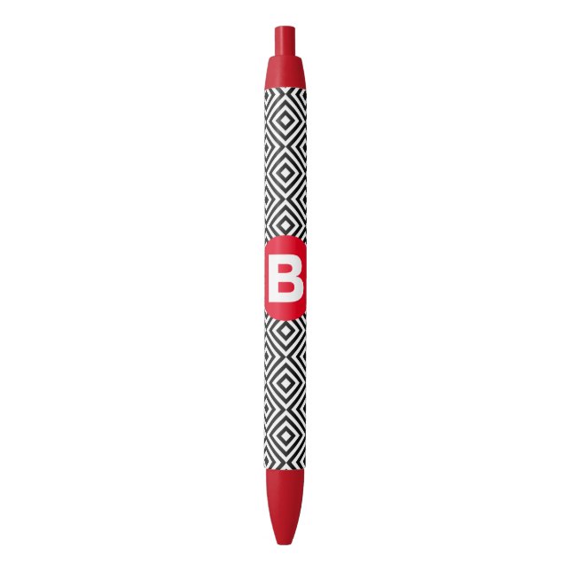 Geometric Black and White Pattern Red Monogram Black Ink Pen (Front Vertical)