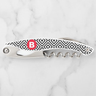 Geometric Black and White Pattern Red Monogram Corkscrew