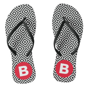 Geometric Black and White Pattern Red Monogram Thongs