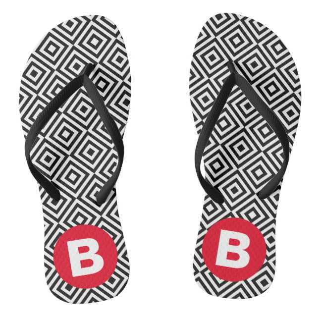 Geometric Black and White Pattern Red Monogram Thongs (Footbed)