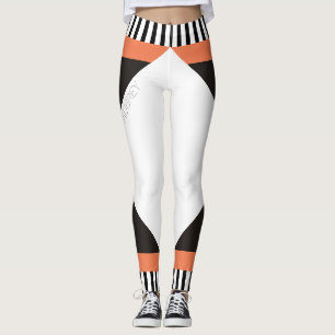 Geometric black and white stripes modern coral leggings