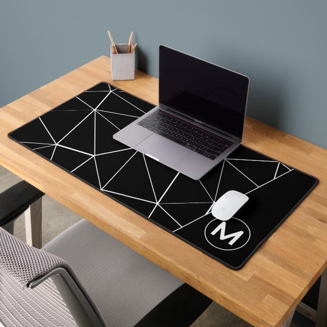 Geometric black and white triangles lines Monogram Desk Mat (Office 2)