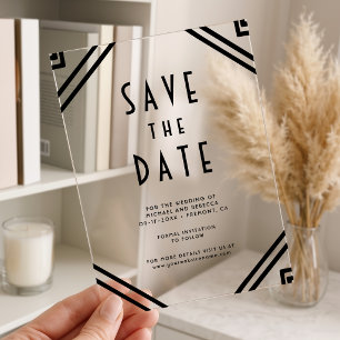 Geometric Black Art Deco Wedding Save the Date Acrylic Invitations