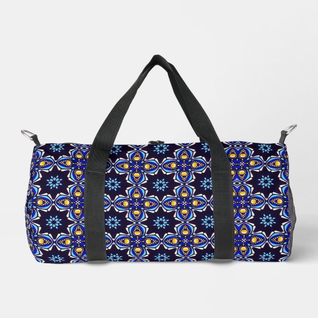 Geometric Black Blue Gold Cross Duffle Bag (Front)