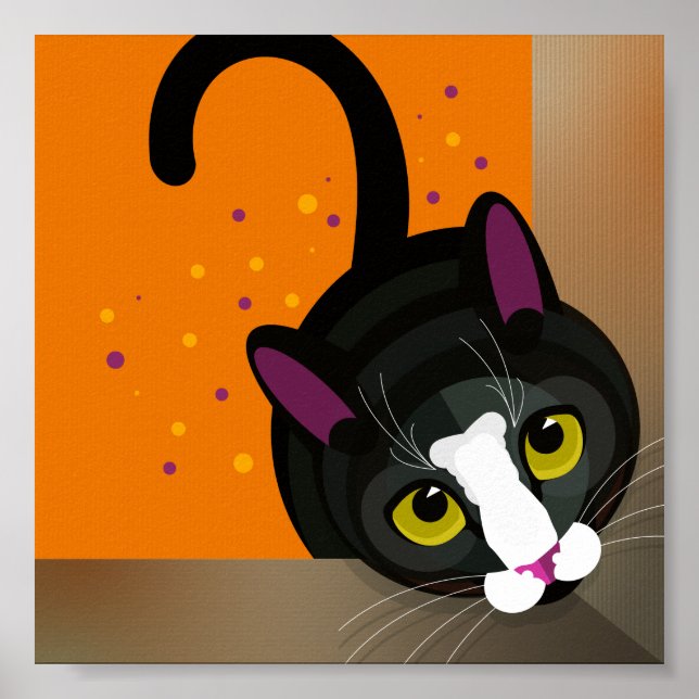 Geometric black cat peering into cardboard box poster (Front)