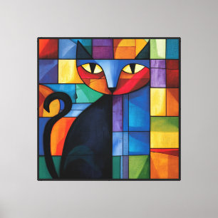 Geometric Black Cat Stained Glass Grid Canvas Print