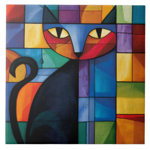 Geometric Black Cat Stained Glass Grid Ceramic Tile