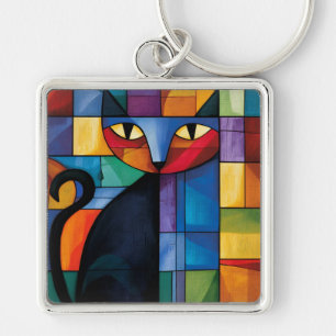 Geometric Black Cat Stained Glass Grid Key Ring