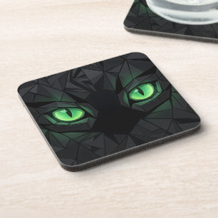 Geometric Black Cat with Emerald Green Eyes Coaster