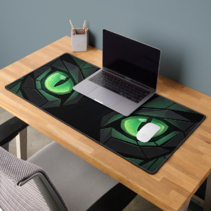 Geometric Black Cat with Emerald Green Eyes Desk Mat