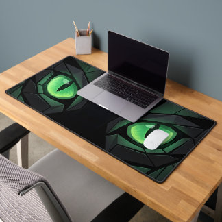 Geometric Black Cat with Emerald Green Eyes Desk Mat