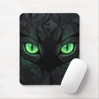 Geometric Black Cat with Emerald Green Eyes Mouse Pad