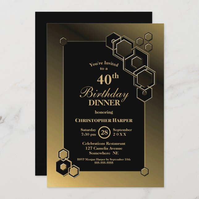 Geometric Black Gold 40th Birthday Dinner Party Invitation (Front/Back)
