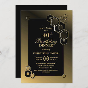 Geometric Black Gold 40th Birthday Dinner Party Invitation