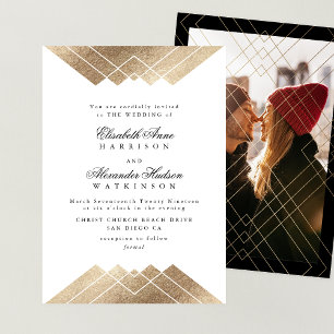 Geometric Black Gold Calligraphy Photo Wedding Invitation