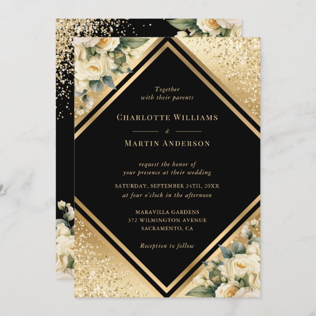 Geometric Black Gold Confetti Ivory Floral Wedding Invitation (Front/Back)