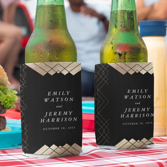 Geometric Black Gold Gatsby Wedding Invitation Can Cooler (Creator Uploaded)