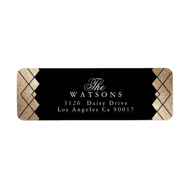 Geometric Black Gold Gatsby Wedding Return Address Label (Front)