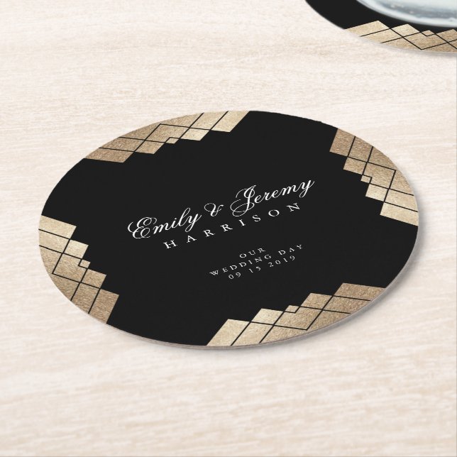 Geometric Black Gold Gatsby Wedding Table Coaster (Angled)