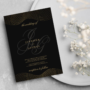 Geometric black gold monogram initials wedding invitation