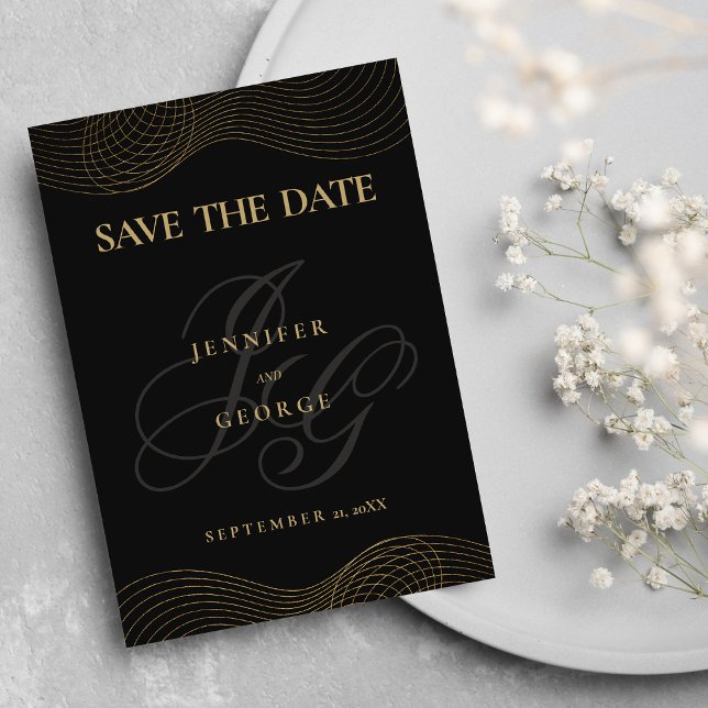 Geometric black gold monogram Save The Date (Geometric black gold monogram Save The Date)