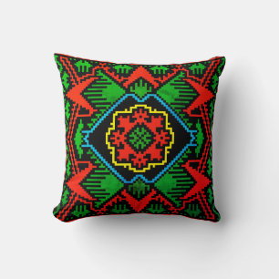 Geometric black, red, green Latvian tribal pattern Cushion