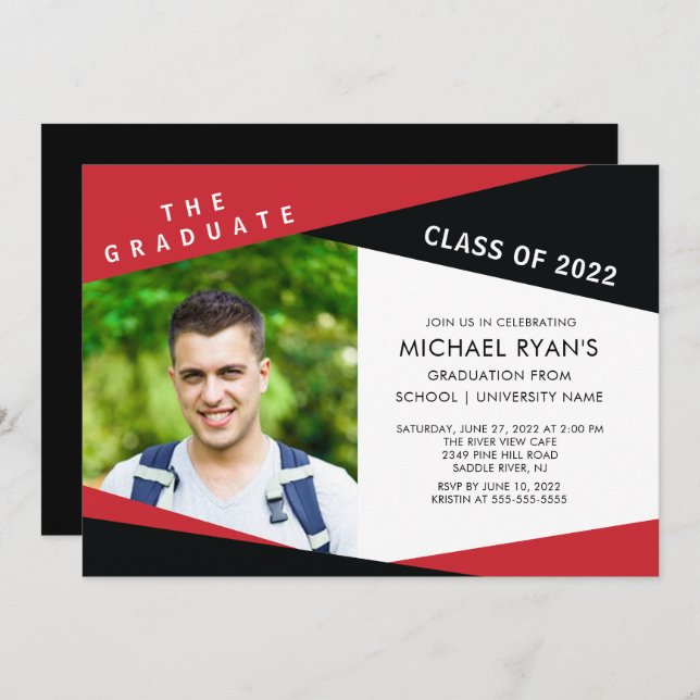Geometric Black & Red Photo Graduation Invitation (Front/Back)