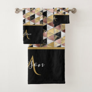 Geometric Black & Rose Gold Marble Monogram Bath Towel Set