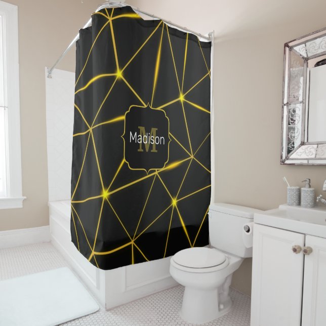 Geometric black triangles gold lines Monogram Shower Curtain (In Situ)