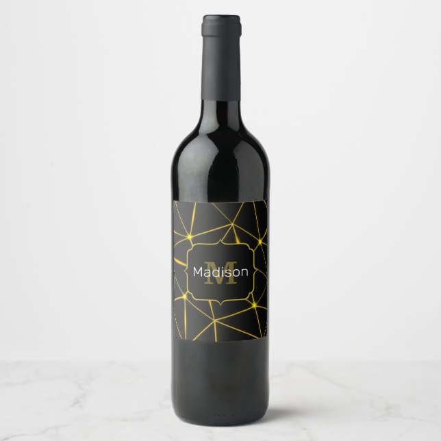Geometric black triangles gold lines Monogram Wine Label (Front)