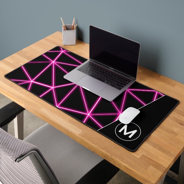 Geometric black triangles neon pink lines Monogram Desk Mat (Office 2)
