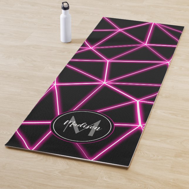 Geometric black triangles neon pink lines Monogram Yoga Mat (In Situ)