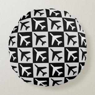 Geometric Black White Aviation Jets Aeroplane Round Cushion