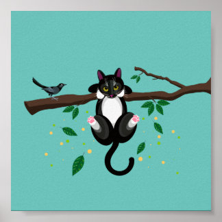 Geometric black & white Cat up a tree illustration Poster
