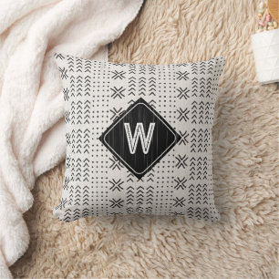 Geometric Black White Mudcloth African Monogram Cushion